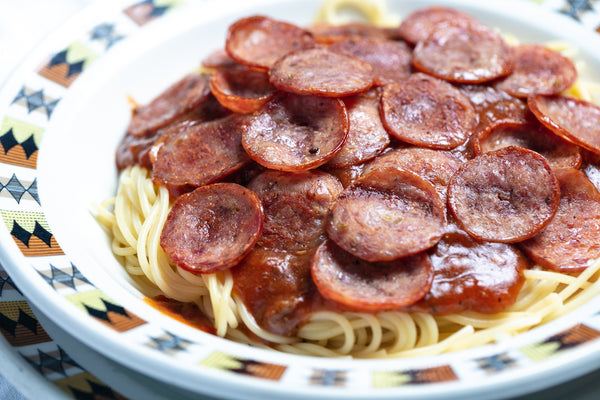 Tasty's Spaghetti with Bolognese sauce, topped with grilled spicy pepperoni